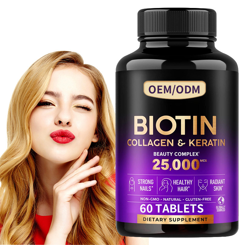 25000 Biotin Mcg καρφιά δερμάτων τρίχας χαπιών βιταμινών για τις ταμπλέτες τρίχας υγείας 60pcs των γυναικών feme