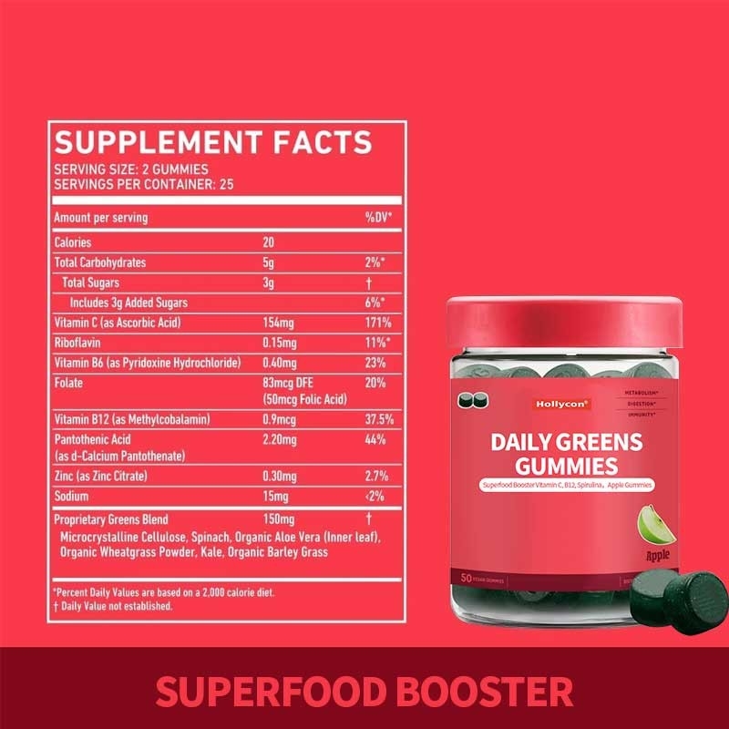2024 Νέα Έλευση Daily Greens Gummies Superfood Booster Βιταμίνη C Β12 Σπιρουλίνα Apple Gummies