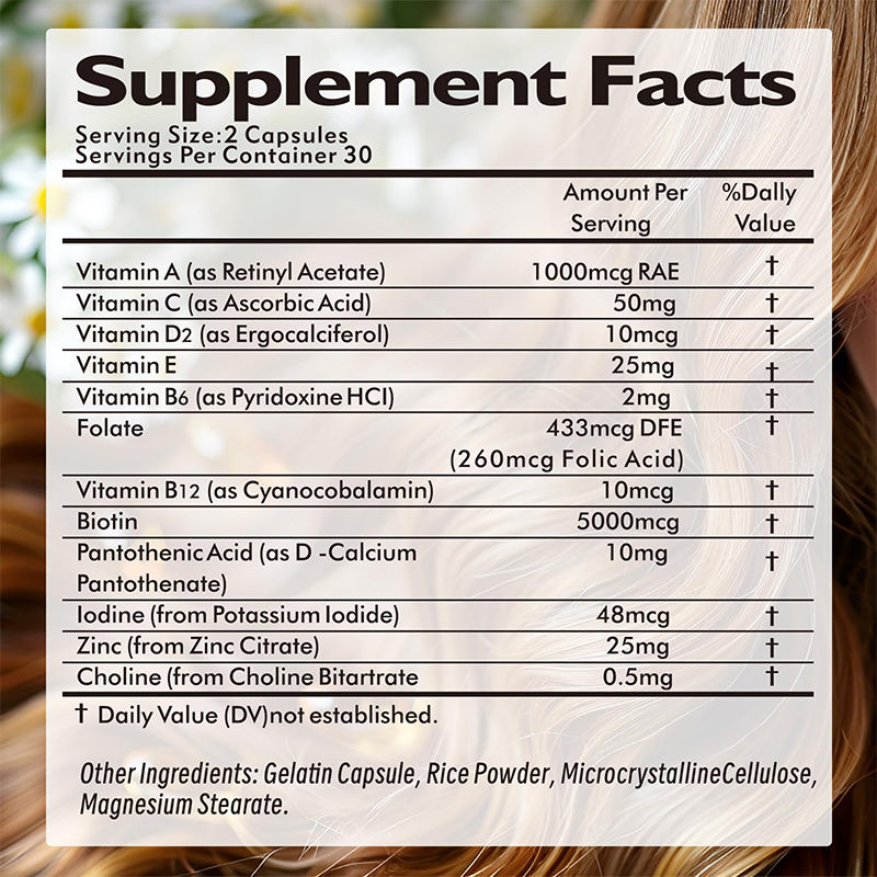 Κάψουλες για την ανάπτυξη μαλλιών OEM Private Label Συμπλήρωμα για την ενίσχυση των νυχιών Υποστηρίζει δυνατά νύχια Περιποίηση δέρματος Υγεία μαλλιών Βιοτίνη