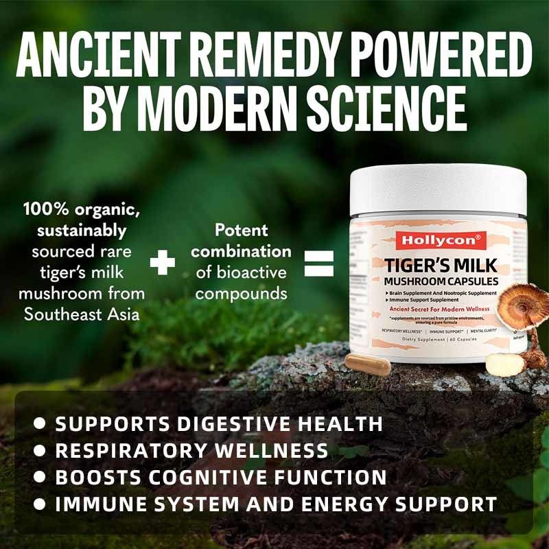 Συμπλήρωμα Μανιταριών Ανάπτυξη Μαλλιών Υγεία Εντέρου Πεπτικό Εγκέφαλος Πνεύμονες Γνωστική Λειτουργία Αναπνευστικό Μανιτάρια Tiger Milk Capsules
