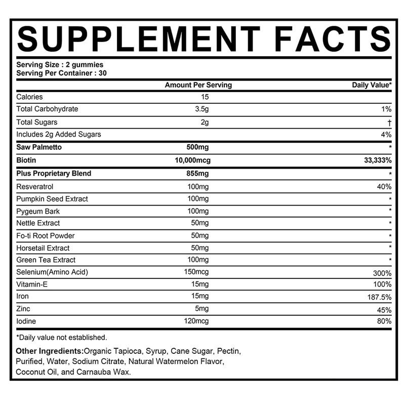 Φαρμακευτικό Συμπλήρωμα Ανάπτυξης Μαλλιών για Γυναίκες & Άνδρες DHT Blocker Gummies Υποστήριξη Ορμονικής Ισορροπίας Προστάτης Υγεία Saw Palmetto Gummies
