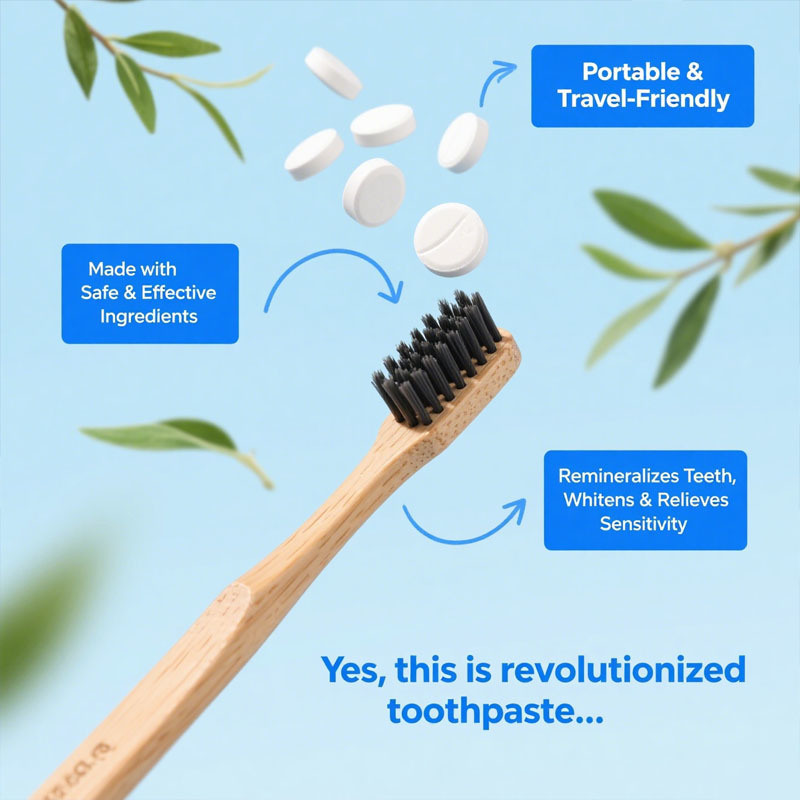 Τα δισκία Tupertory Factory, νανο -υδροξυαπατίτη με προβιοτικά, φθόριο και πλαστικό, φιλικό προς το περιβάλλον και φιλικό προς το ταξίδι, αναμιγνύοντας τις καρτέλες με οδοντόκρεμα, προσαρμοσμένη φόρμουλα