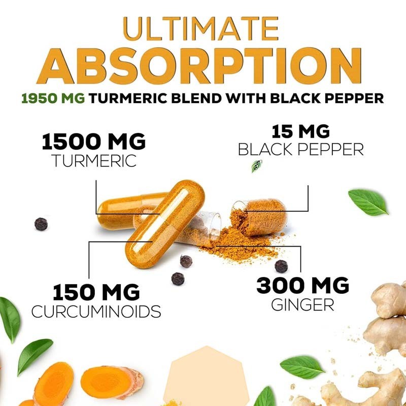Συμπλήρωμα κουρκουμά κουρκουμίνης OEM με οργανικό κουρκουμά & τζίντζερ μαύρο πιπέρι για καλύτερη απορρόφηση, υποστήριξη αρθρώσεων, κάψουλα κουρκουμίνης