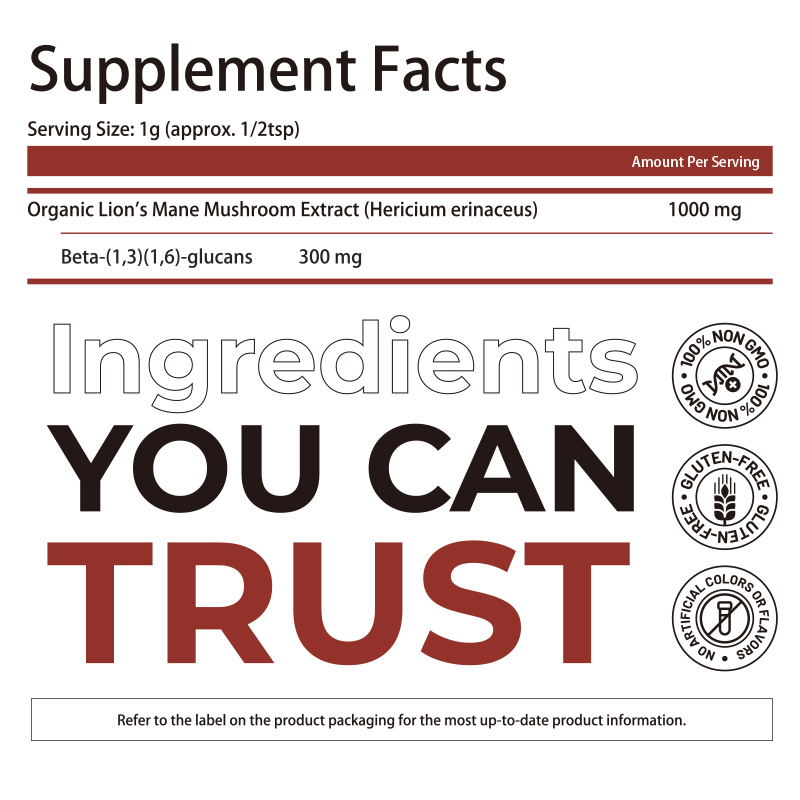 Οργανική σκόνη συμπληρώματος μύτης λιονταριού με 100% εκχύλισμα καρποφόρου σώματος και 30% βήτα-γλουκάνες για γνωστική υποστήριξη - 150 γραμμάρια ανά σακούλα