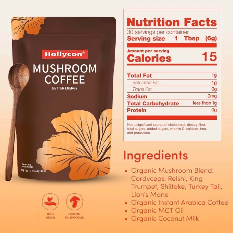 OEM Mushrooms Instant Coffee Better Energy Focus Digestion Immunity Cordyceps Lions Mane Turkey Tail Mushroom Coffee