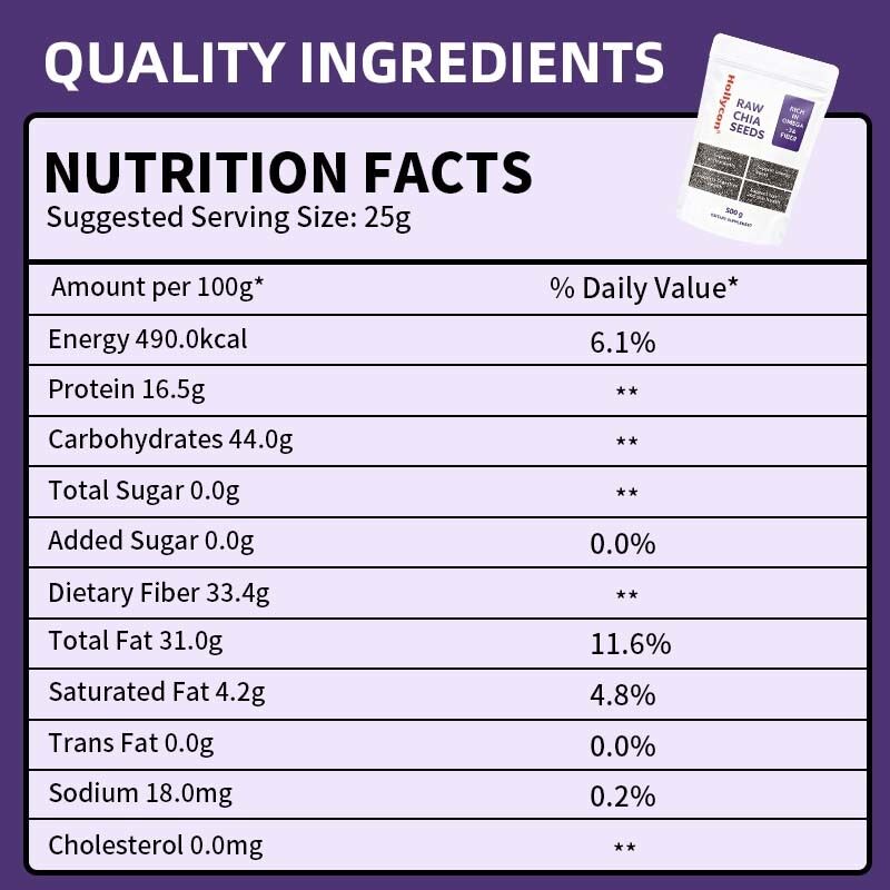 OEM / ODM Σπόροι Chia 500g, Συσκευασία 1 | Σπόροι για Κατανάλωση | Σπόροι για Διαχείριση Βάρους | Πλούσιοι σε Ασβέστιο, Πρωτεΐνη & Φυτικές Ίνες Χωρίς Προσθήκη Ζάχαρης, προσαρμοσμένη Φόρμουλα