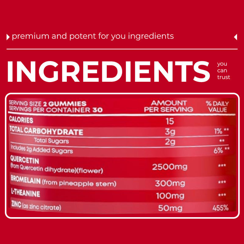 Ιδιωτική Ετικέτα Bromelain L-theanine Zinc Supplement Βιγκανικά Συμπληρώματα για Παιδιά Ενήλικες Quercetin Gummies