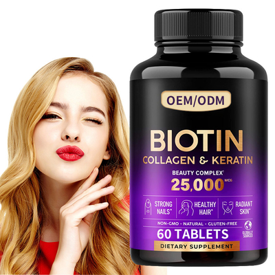 25000 Biotin Mcg καρφιά δερμάτων τρίχας χαπιών βιταμινών για τις ταμπλέτες τρίχας υγείας 60pcs των γυναικών feme